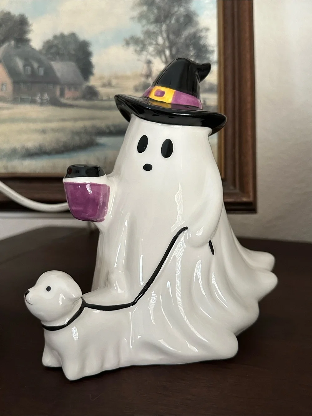 SET OF 2! Aldi Halloween Pastel Ceramic Ghost Pumpkin Dog & Witch Ghost Dog